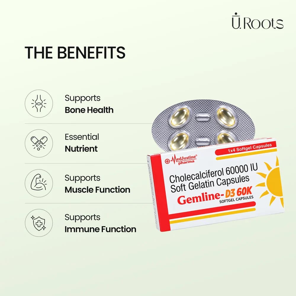 URoots Gemline-D3 | Vitamin D3 Supplement | Follicle Strengthening | 4 Capsules | Men & Women